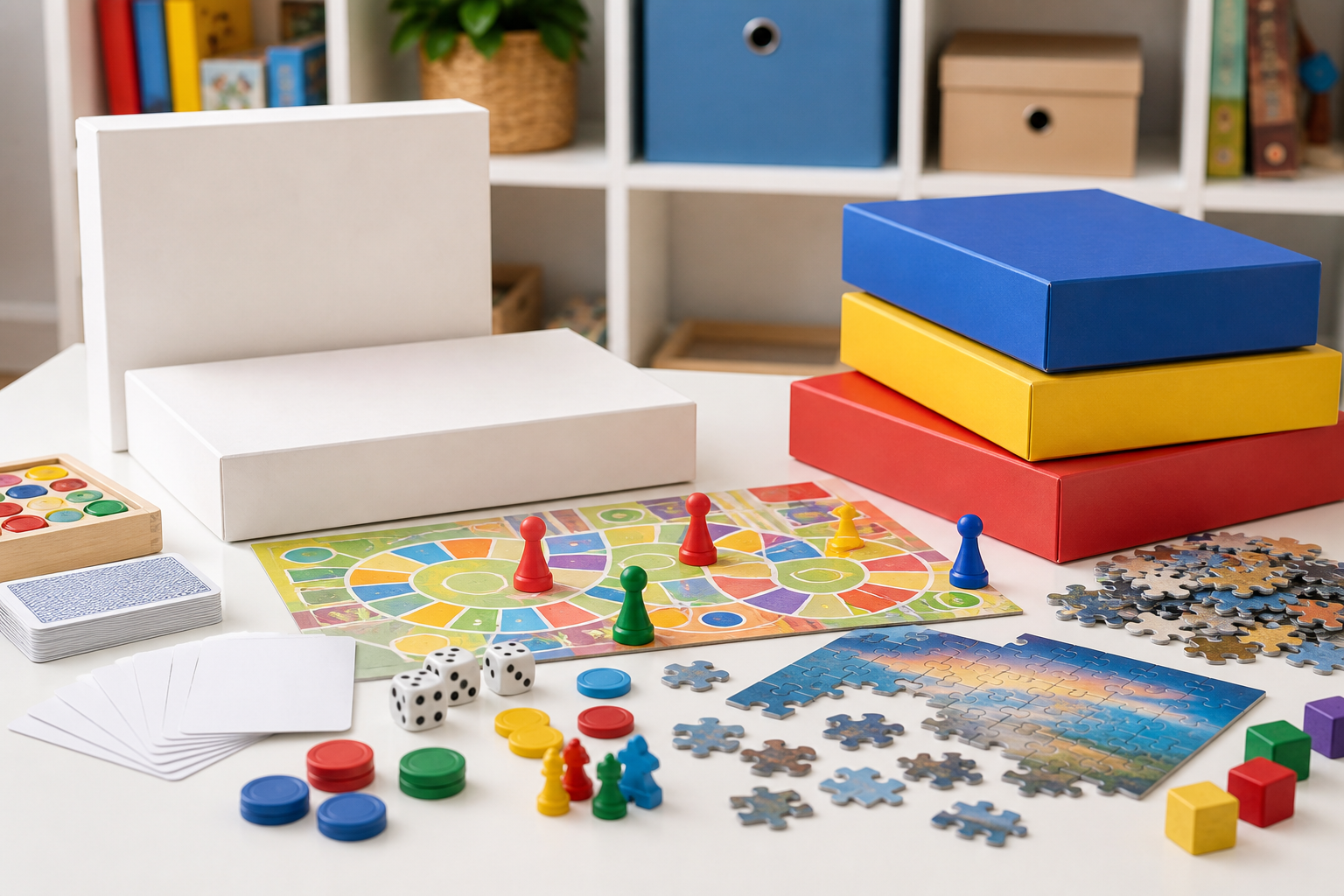Family games, puzzles, cards and board game pieces
