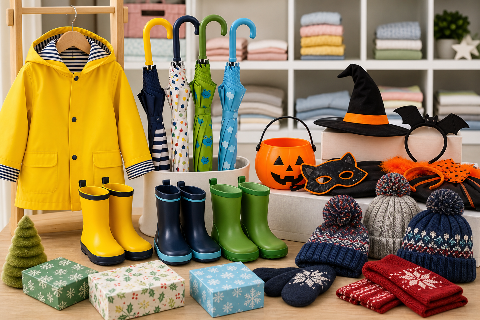 Seasonal children's items including rainwear, umbrellas and festive stock
